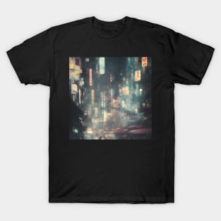 Urban Atmosphere Artistry - Moody Anime Noir Cinematic Japanese Cityscape T-Shirt